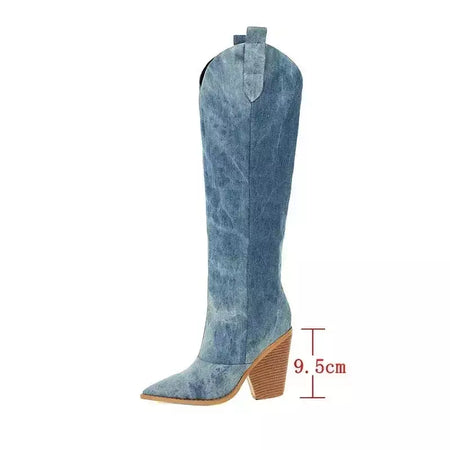 Denim ocidental mulheres joelho coxa botas altas novo 2024 outono inverno salto alto cowboy botas longas tamanho 43 deslizamento em sapatos femininos