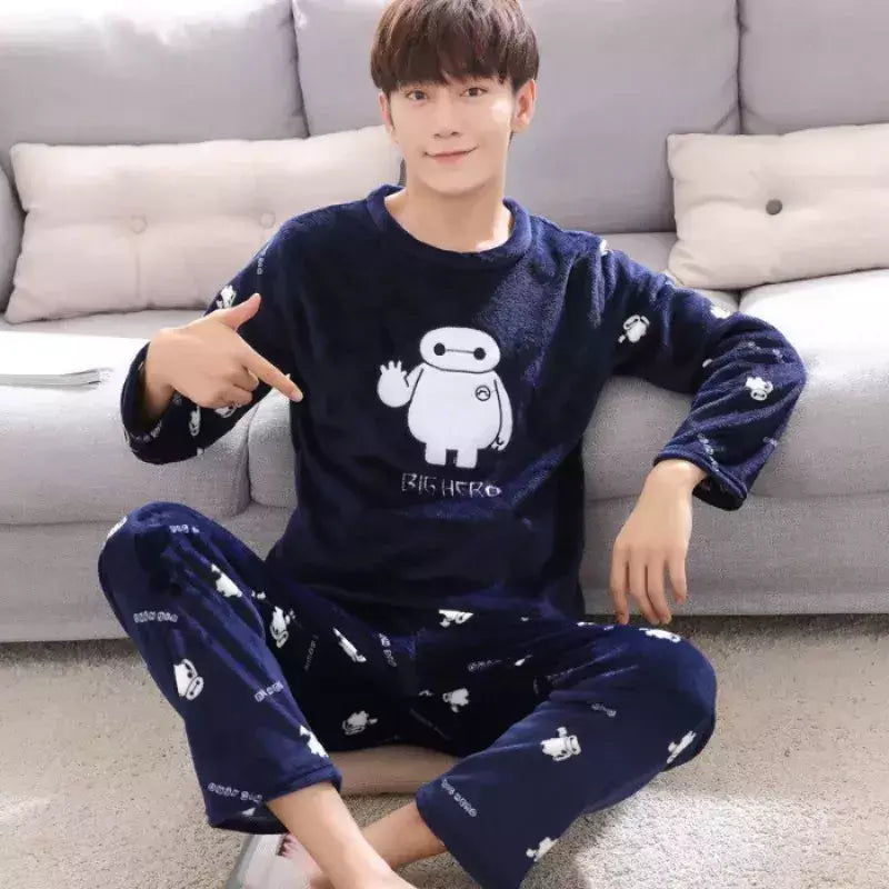 Pijama de lã coral masculino de 2 peças, gola redonda, manga comprida, conjuntos lounge, terno doméstico, impressão de moda, outono, inverno, homem, novo