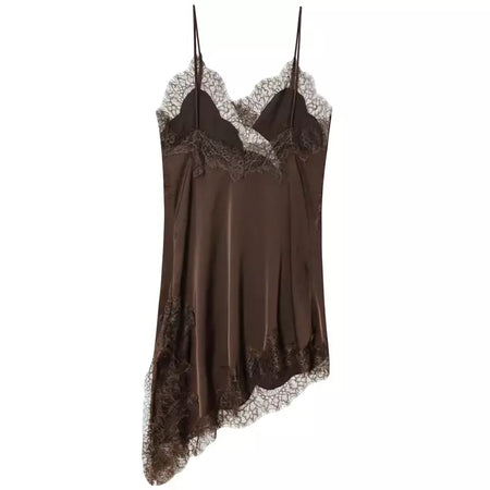 Hxao vestidos femininos de renda assimétrica vestido deslizante verão 2025 vestidos de noite sexy senhoras mini marrom sem mangas sem costas