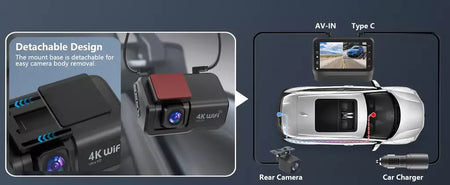 Kocam 4K UHD Dash Cam WiFi Carro DVR Dianteira e Traseira Lente Dupla Câmera Auto para Carro com Visão Noturna 24H Monitor de Estacionamento Caixa Preta