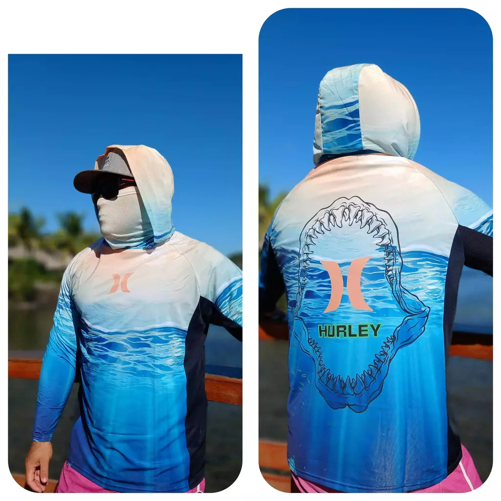UPF 50 + proteção solar dos homens Hoodie, painéis laterais respiráveis, máscara facial respirável, manga comprida, SPF, ao ar livre, caminhadas camisas
