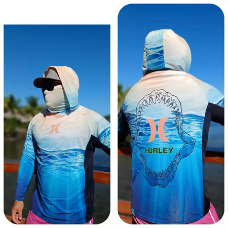 UPF 50 + proteção solar dos homens Hoodie, painéis laterais respiráveis, máscara facial respirável, manga comprida, SPF, ao ar livre, caminhadas camisas