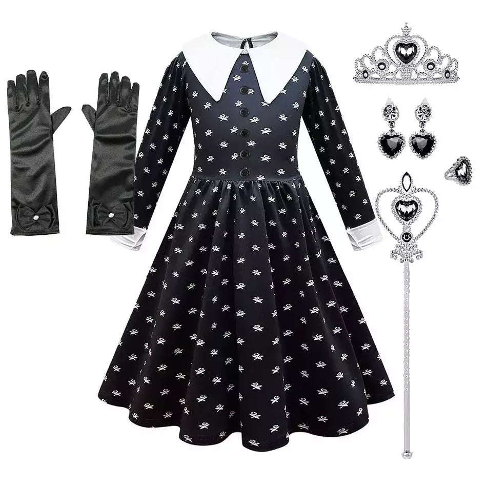 Crianças addams traje do bebê meninas família cosplay traje de halloween crianças família dança vestido preto quarta-feira pageant fantasia