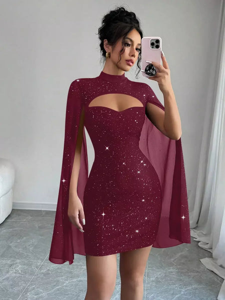 Sexy feminino gola capa mini vestido lantejoulas espumante clube festa noite fora cabido bodycon elegante outono inverno