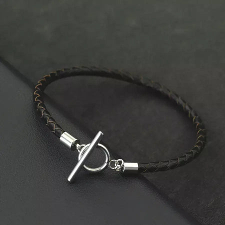 Estilo simples artesanal pulseira de couro genuíno masculino aço inoxidável ot fivela 4mm fino pulseira pulsera de cuero pulseria hombre