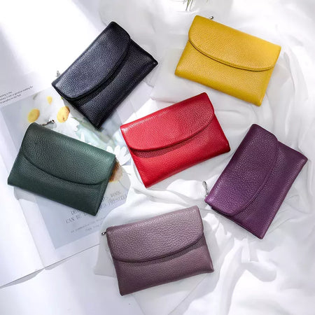 Genuína Couro De Vaca Carteira Curta Para Mulheres, Trifold, Pequenas Bolsas, Clutch Couro De Vaca, Titular Do Cartão, Carteiras Do Cartão De Viagem