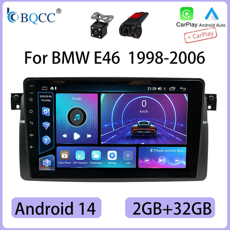 Bqcc android 14 9 ''sem fio carplay rádio do carro reprodutor multimídia estéreo para bmw e46 m3 318 320 325 330 335 1998-2006 jogador de carro