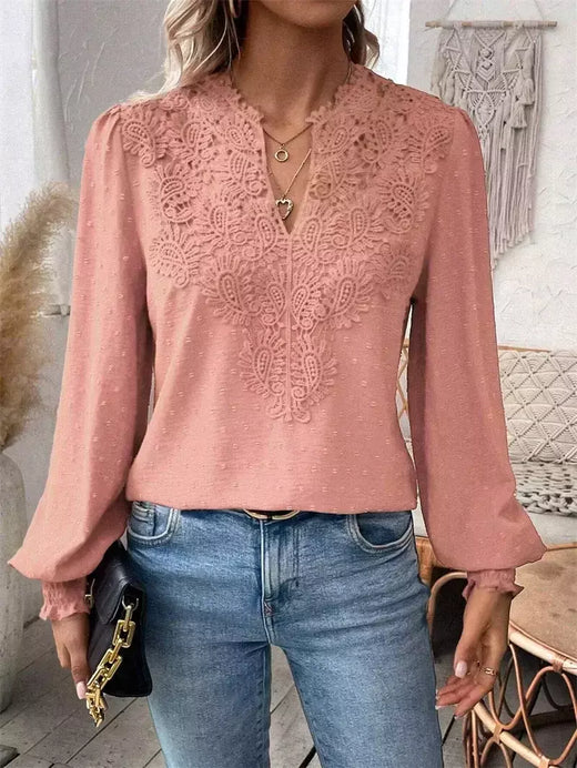 Elegante oco out camisa de renda feminina, pulôver profundo com decote V, blusa monocromática, jacquard lanterna manga longa tops, feminino