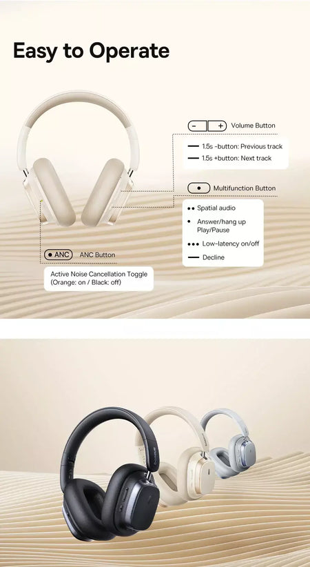 Baseus bowie h1s fones de ouvido sem fio bluetooth 5.4 cancelamento de ruído 46db sobre a orelha fone de ouvido de áudio espacial de alta resolução 120h tempo