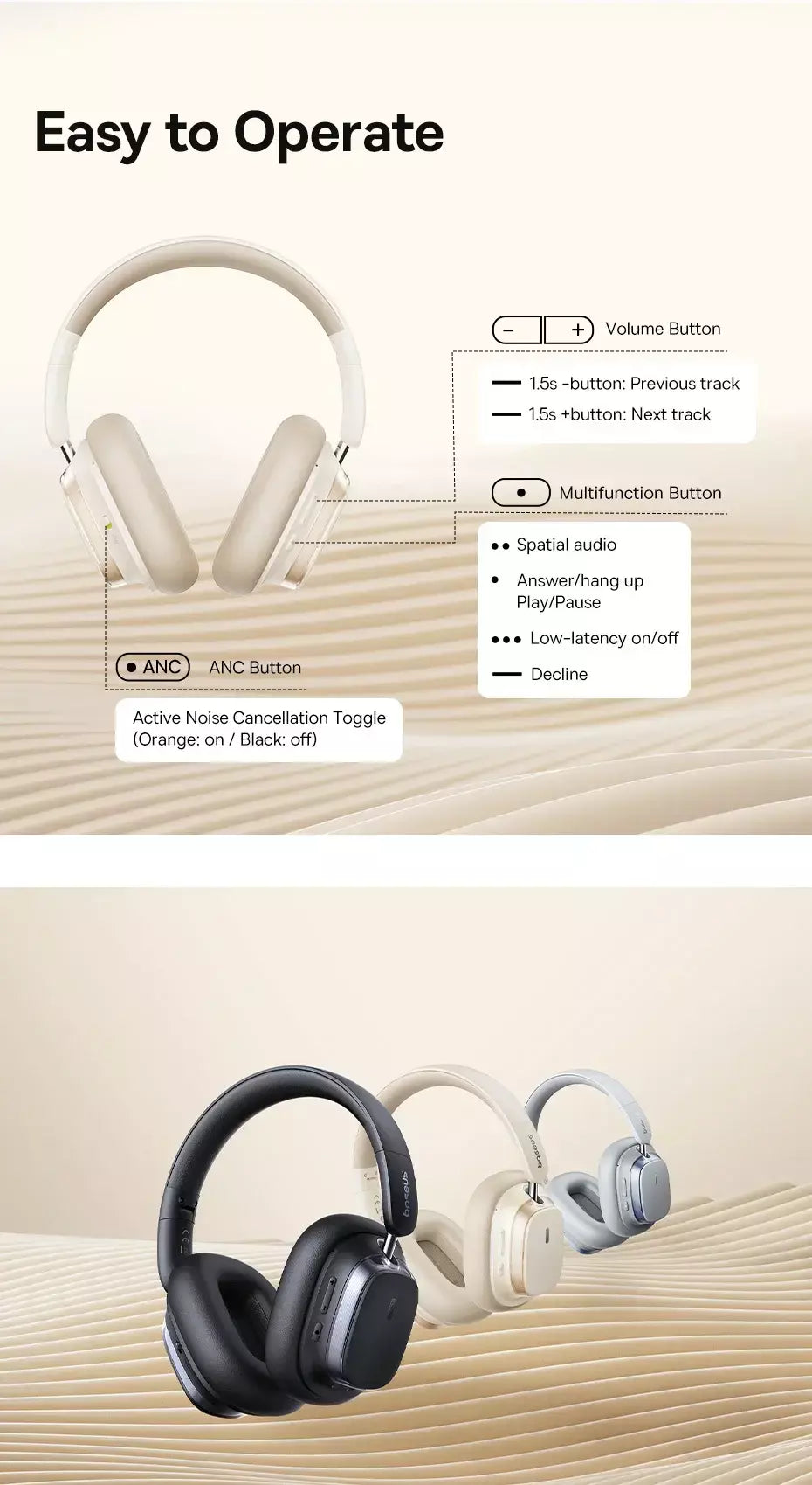Baseus bowie h1s fones de ouvido sem fio bluetooth 5.4 cancelamento de ruído 46db sobre a orelha fone de ouvido de áudio espacial de alta resolução 120h tempo