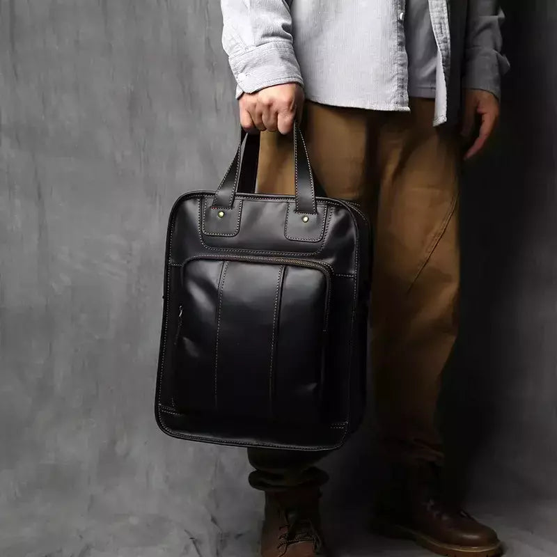 Maleta de couro retrô para homens, couro natural, bolsa vertical, bolsa de ombro casual, mochila masculina, adequada para laptop de 15 ", NZPJ