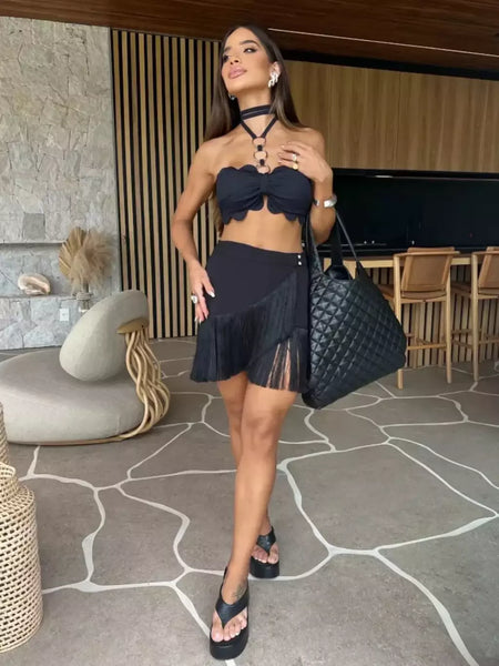 Conjunto sexy de biquíni feminino, sutiã de renda, mini saia, férias de praia, fato de banho feminino casual, 2 peças, verão