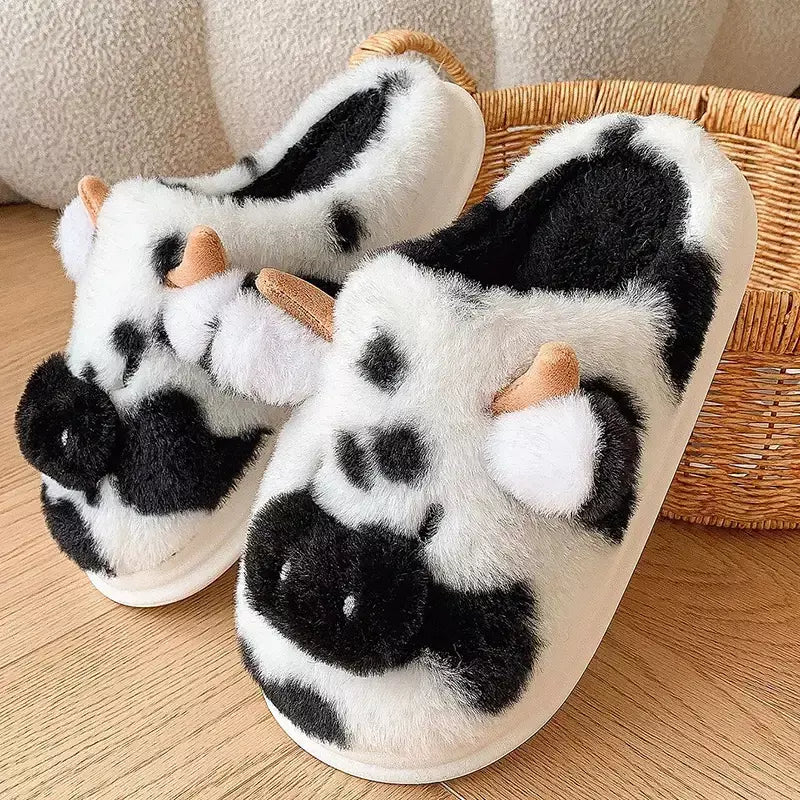 Inverno feminino quente dos desenhos animados chinelos de vaca dedo do pé fechado antiderrapante peludo casa sapatos feminino quarto interior sola grossa chinelos de pelúcia