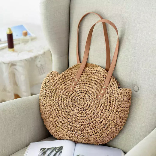 Bolsa de ombro redonda de palha de verão, bolsa de mão feminina de grande capacidade, artesanal, bolsas de praia de vime da moda, bolsa de mão, férias
