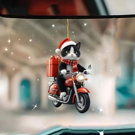 Motocicleta gato acrílico pendurado decoração árvore de natal carro 2d plana equitação gatinho pendurado ornamento dos desenhos animados pingente para natal