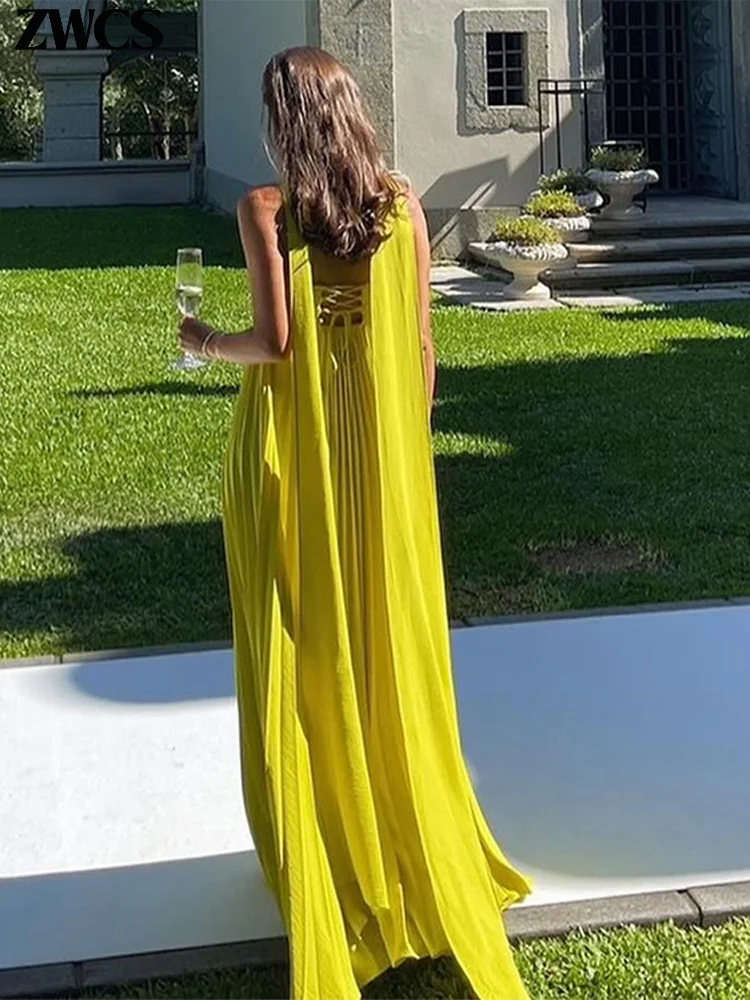 Vestido longo plissado sem alças feminino, Elegante, Sem alças, Fita, Plissado, Sexy, Sem mangas, Sem encosto, Lady, Festa à noite, Novo, Verão, 2022