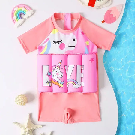 Maiô flutuante para crianças, roupa de banho de uma peça para crianças, flutuante, proteção contra queimaduras, estampa de desenho animado, meninas, meninos, roupas de natação
