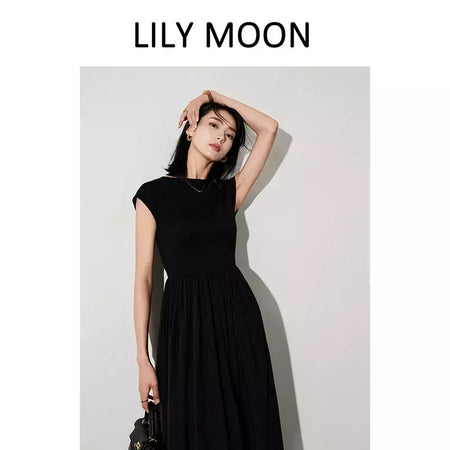 LILYMOON-vestido longo de emenda francês, saia de cintura alta, preto, fino, temperamento, cem, moda, verão