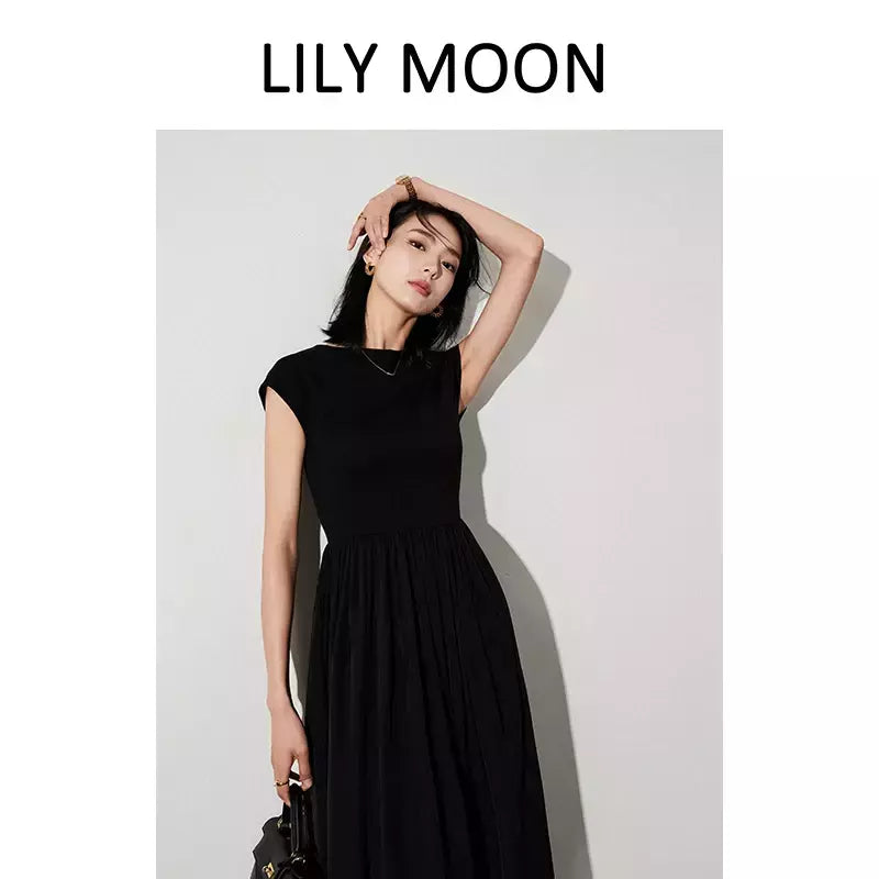 LILYMOON-vestido longo de emenda francês, saia de cintura alta, preto, fino, temperamento, cem, moda, verão