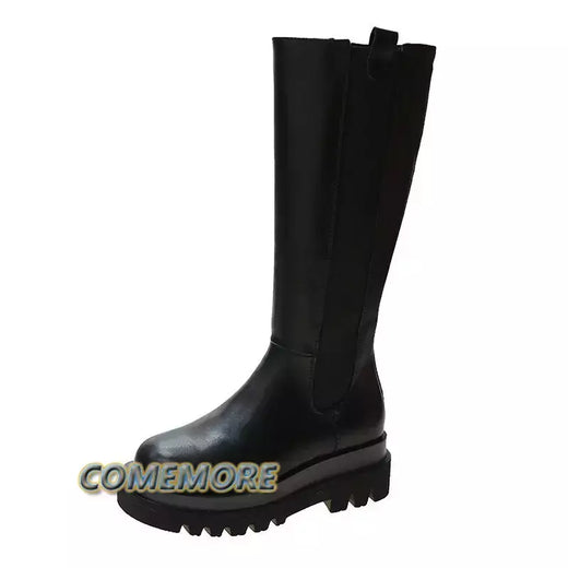 Botas pretas compridas de couro PU femininas, botas com zíper plataforma, antiderrapantes, altura do joelho, designer de luxo, casual, primavera, outono, moda