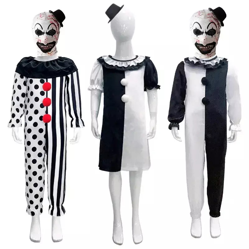 Crianças palhaço cosplay traje de halloween com máscara chapéu terrifier palhaço vestido criança macacão roupas para meninos meninas festa de carnaval