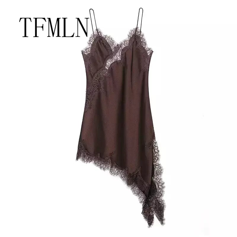 Tfmln feminino sexy rendas emenda vestidos de verão sólido sem mangas assimetria vestido sem costas magro festa feminina estilingue mini vestido