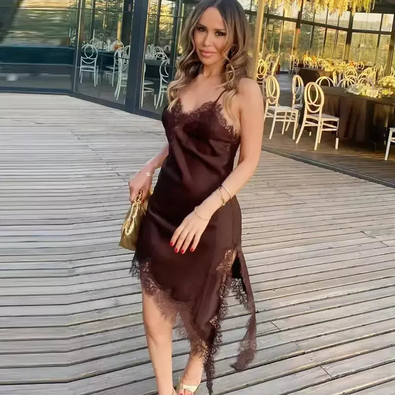Hxao vestidos femininos de renda assimétrica vestido deslizante verão 2025 vestidos de noite sexy senhoras mini marrom sem mangas sem costas