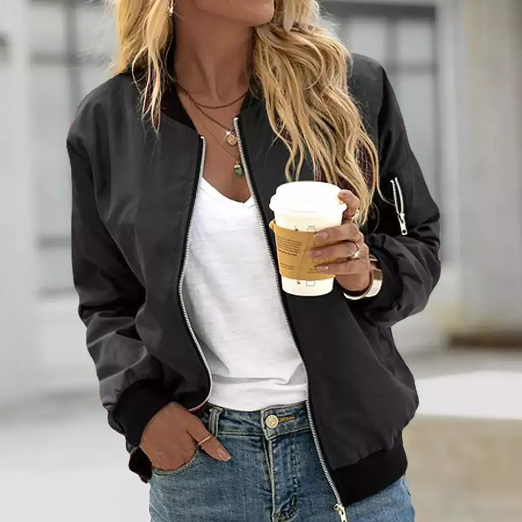 Jaqueta bomber fina feminina, manga comprida, casaco fino, corta-vento casual, gola alta, jaqueta com zíper, monocromática, moda outono
