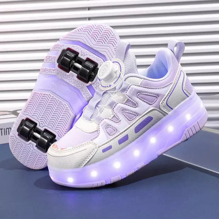 Crianças quatro rodas luminosa brilhante tênis preto rosa led luz rolo sapatos de skate crianças sapatos led meninos meninas carregamento usb