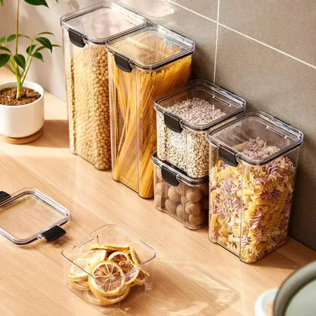 Conjunto de vasilhas de plástico herméticas para armazenamento de cozinha, grandes recipientes à prova de umidade para grãos, temperos e organizadores de despensa