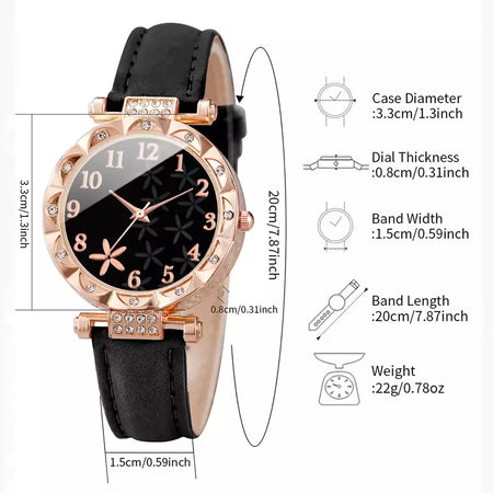 Conjunto de braceletes de coração strass feminino, relógio de pulso quartzo feminino, mostrador flor, pulseira de couro, 2 peças por conjunto