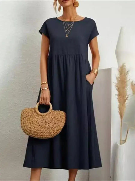 Vintage sólido midi vestido casual manga curta algodão e linho harajuku oversized vestido longo feminino verão y2k maxi vestido de verão 2023