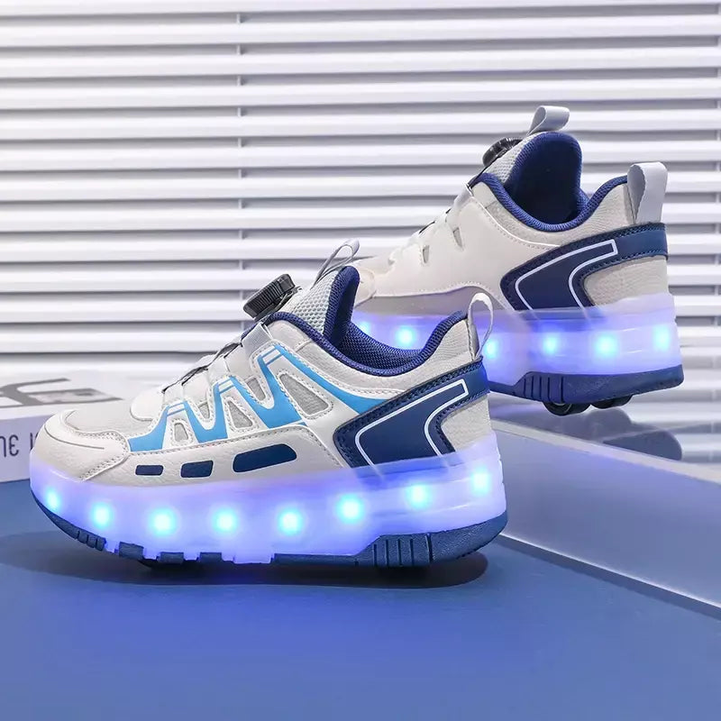 Crianças quatro rodas luminosa brilhante tênis preto rosa led luz rolo sapatos de skate crianças sapatos led meninos meninas carregamento usb