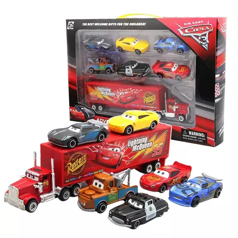 6-7 pçs disney pixar carro 3 2 1 relâmpago mcqueen caminhão mack jackson tempestade diecast metal carro de corrida dinoco racer brinquedo conjunto menino presente