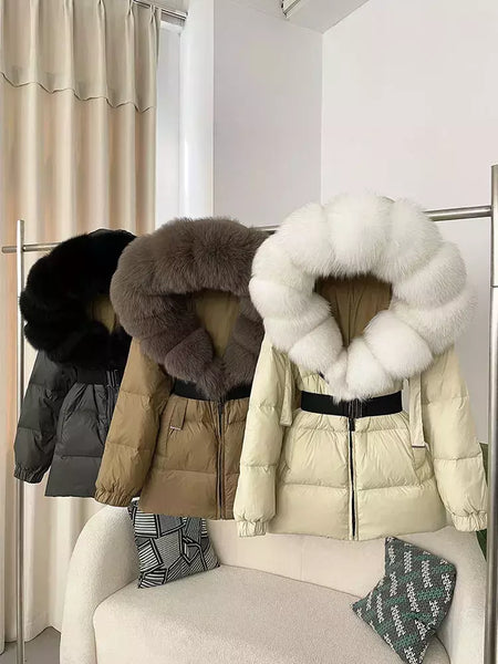 Oftbuy 2024 jaqueta de inverno feminina gola de pele de raposa natural real com capuz grosso quente 90% pato branco para baixo casaco feminino streetwear casual