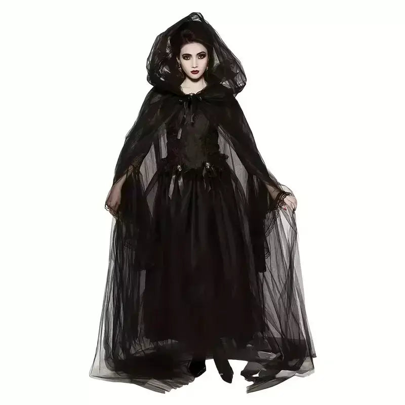 Preto nupcial xale bruxa vampiro cosplay manto halloween capa dupla jogo festa traje adereços férias vestir-se