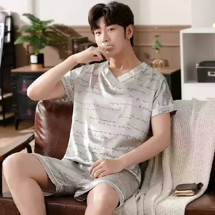 Conjunto de pijama de seda gelo manga curta masculino, pijama casual fino de simulação, tamanho grande, roupa para casa, verão, 2 peças