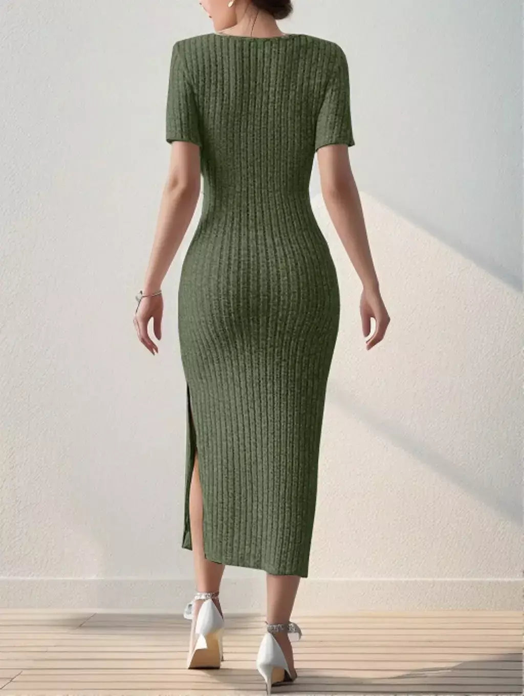 Vestidos de verão para mulheres, decote quadrado, cobertura de quadril, saia de comprimento médio, manga curta, versátil, vestido de fenda de malha