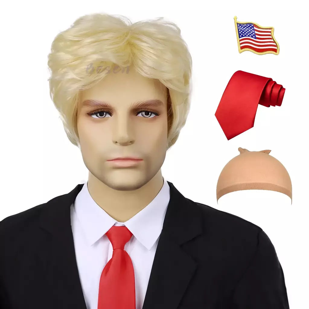 Peruca loira sintética para adultos com adesivos engraçados, peruca masculina em camadas resistente ao calor, pessoas famosas, cosplay