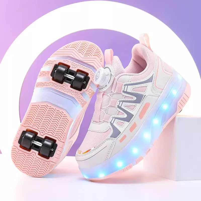 Crianças quatro rodas luminosa brilhante tênis preto rosa led luz rolo sapatos de skate crianças sapatos led meninos meninas carregamento usb