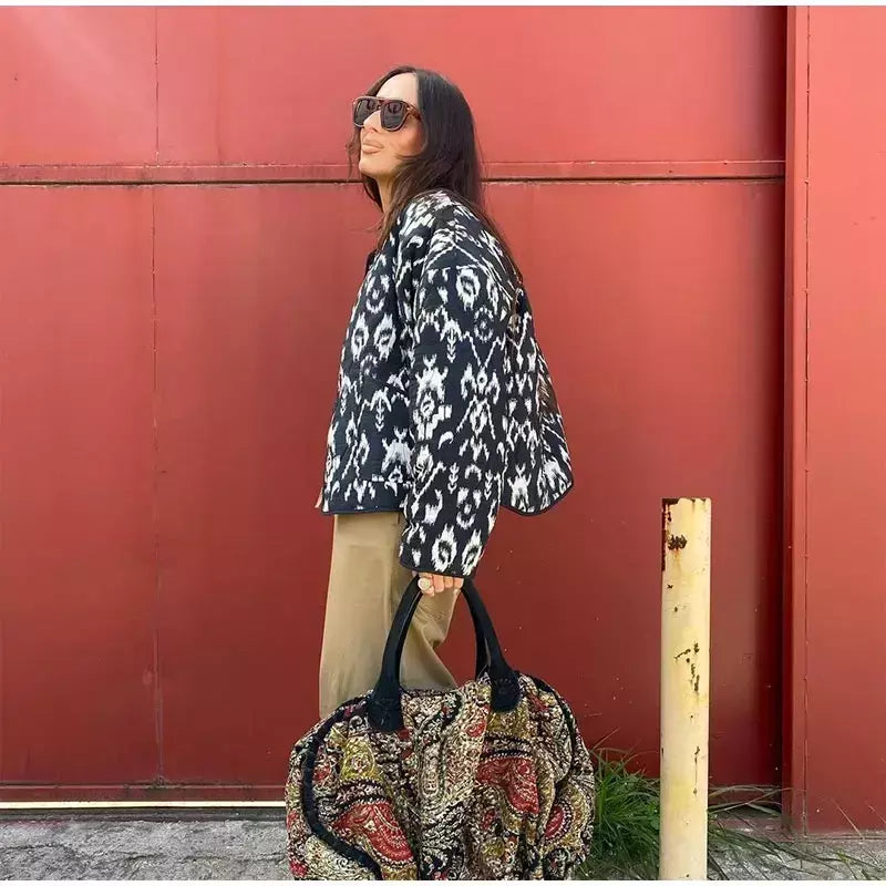 Casaco de algodão estampado de peito único feminino, bolsos elegantes, jaqueta de mangas compridas, streetwear com gola O, moda senhora, outono, inverno, 2024