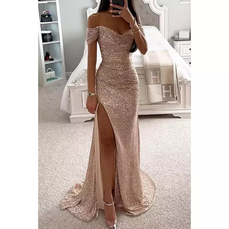 Vestido Dividido de Pescoço Uma Linha Feminino, Lantejoulas, Dividido, Versátil, Elegante, Charme, Emagrecedor, Festa, INS, Emagrecimento, S-XL Size, Novo