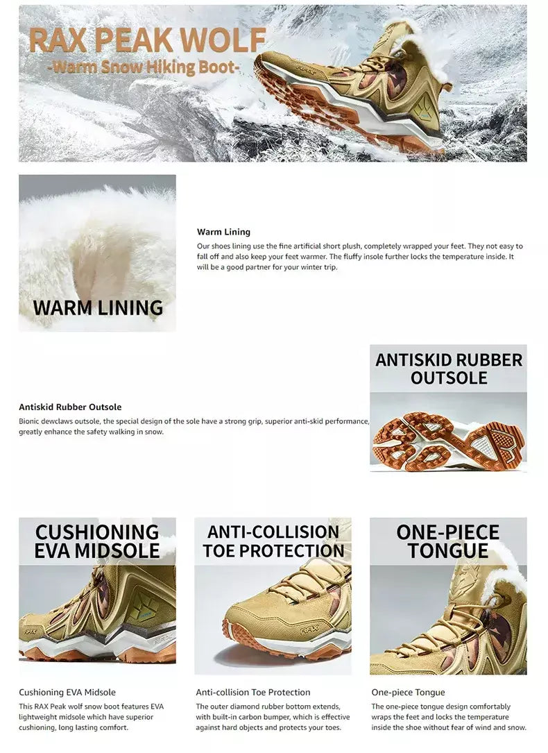 Rax à prova dwaterproof água caminhadas sapatos homens inverno ao ar livre tênis para homens botas de neve de pelúcia montanha botas de neve turismo ao ar livre sapato de corrida