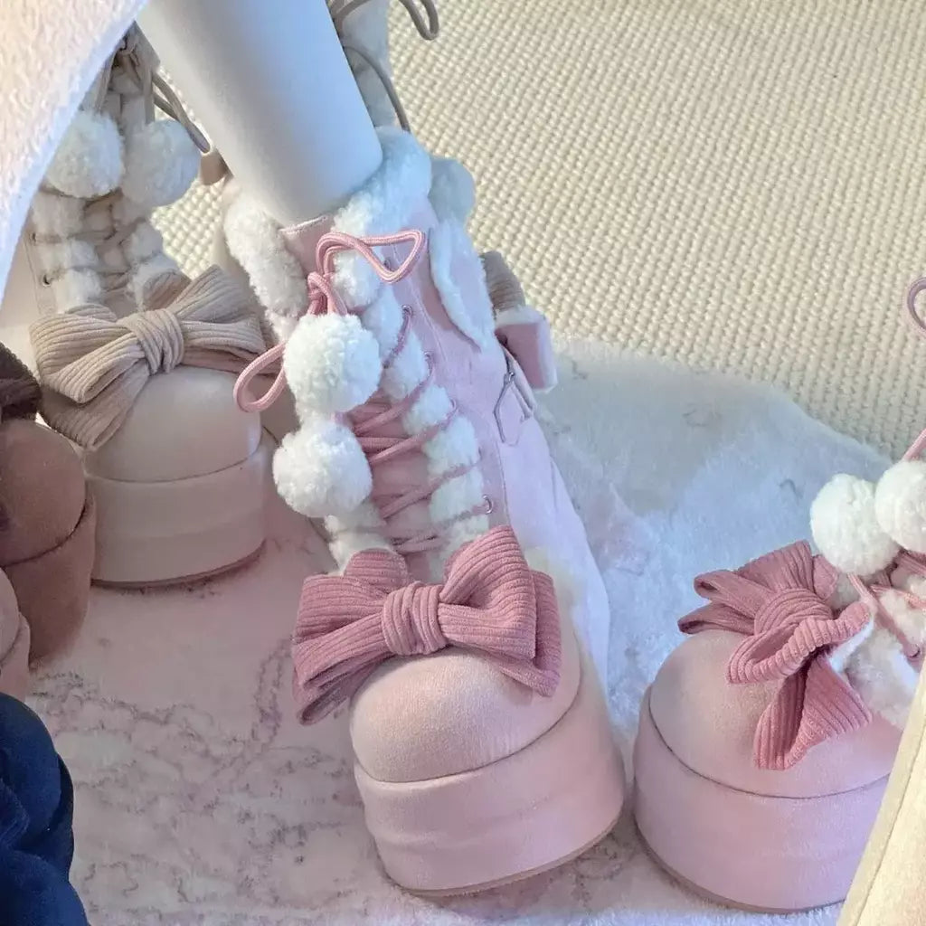 Doce inverno meninas lolita meados de bezerro botas de neve, bonito estudantes do sexo feminino pelúcia quente bowknots rendas até sapatos de salto cunha aumentando