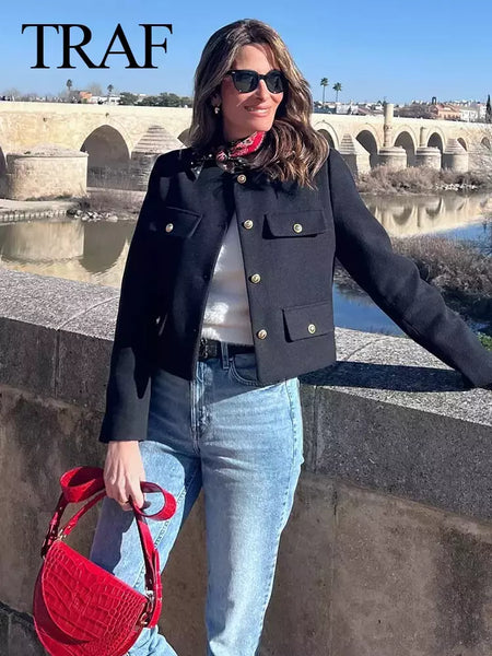 TRAF-Casaco Cropped feminino com botão dourado, blazer bomber, streetwear chique, blusa de casacos femininos, moda primavera, 2022