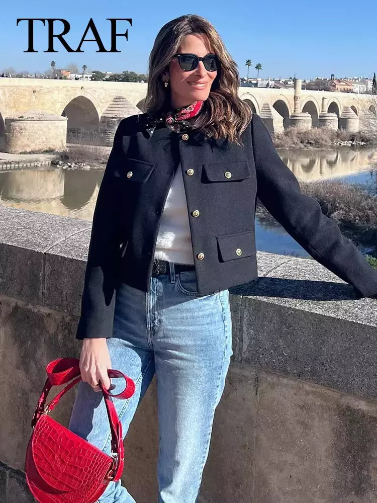 TRAF-Casaco Cropped feminino com botão dourado, blazer bomber, streetwear chique, blusa de casacos femininos, moda primavera, 2022