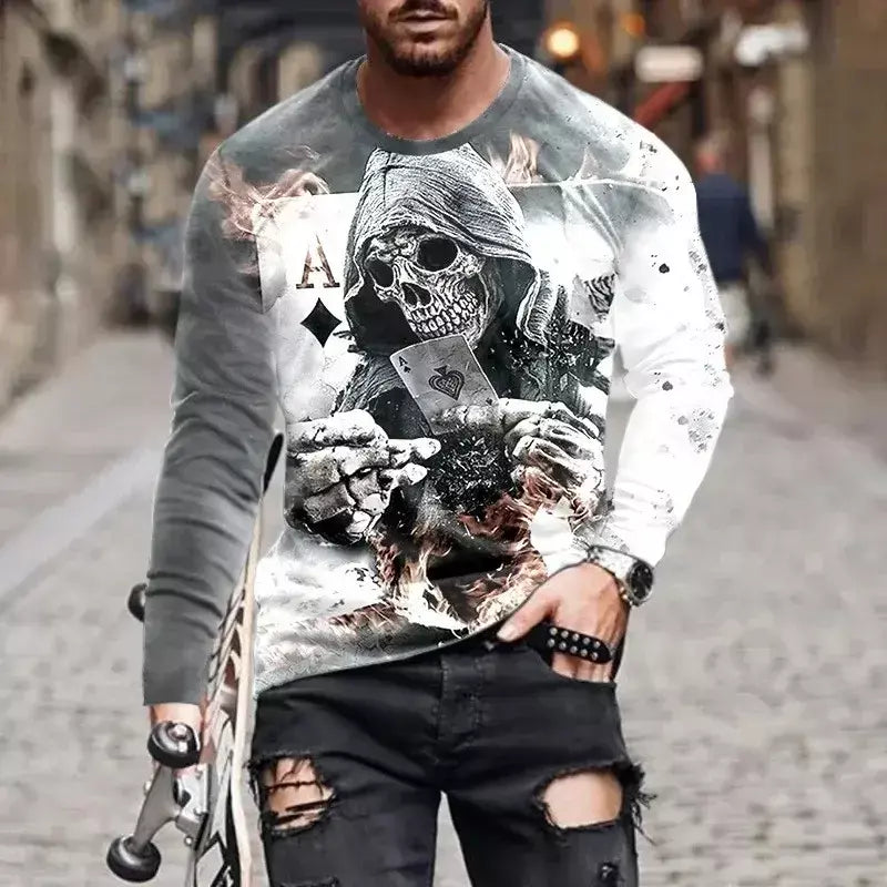Crânio masculino gráfico t-shirts manga longa esqueleto impressão 3d rua homem t camisa outono o-pescoço casual y2k topo roupas masculinas de grandes dimensões