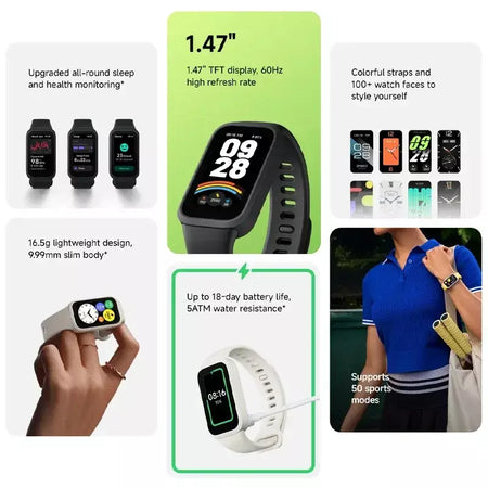 Versão global Xiaomi Smart Band 9 Active 1.47 ''Display 5ATM Modo de vida útil da bateria de 18 dias Monitoramento de saúde e fitness durante todo o dia