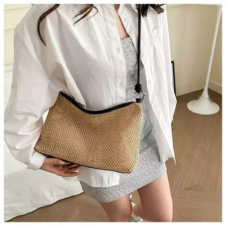 Saco de palha tecido Rattan para senhoras, sacola de grande capacidade, bolsa trançada artesanal, bolsa de ombro, moda