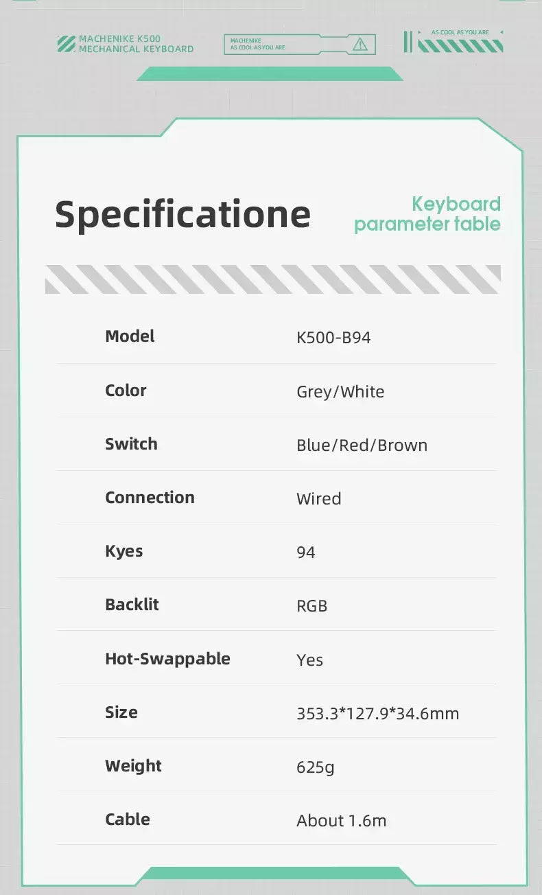 Machenike-K500 Teclado mecânico para jogos, Teclado com fio, Hot Swappable, 94 teclas, RGB Light, Mac, Windows